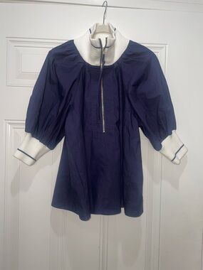 Maeve Navy top with Cream Trim Mock Neck and Gold Zipper XS